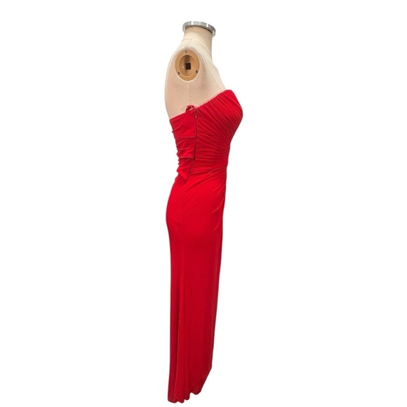 La Femme Strapless Rhinestone Embellished Cut Out High Slit Maxi Dress Red - Picture 6 of 13